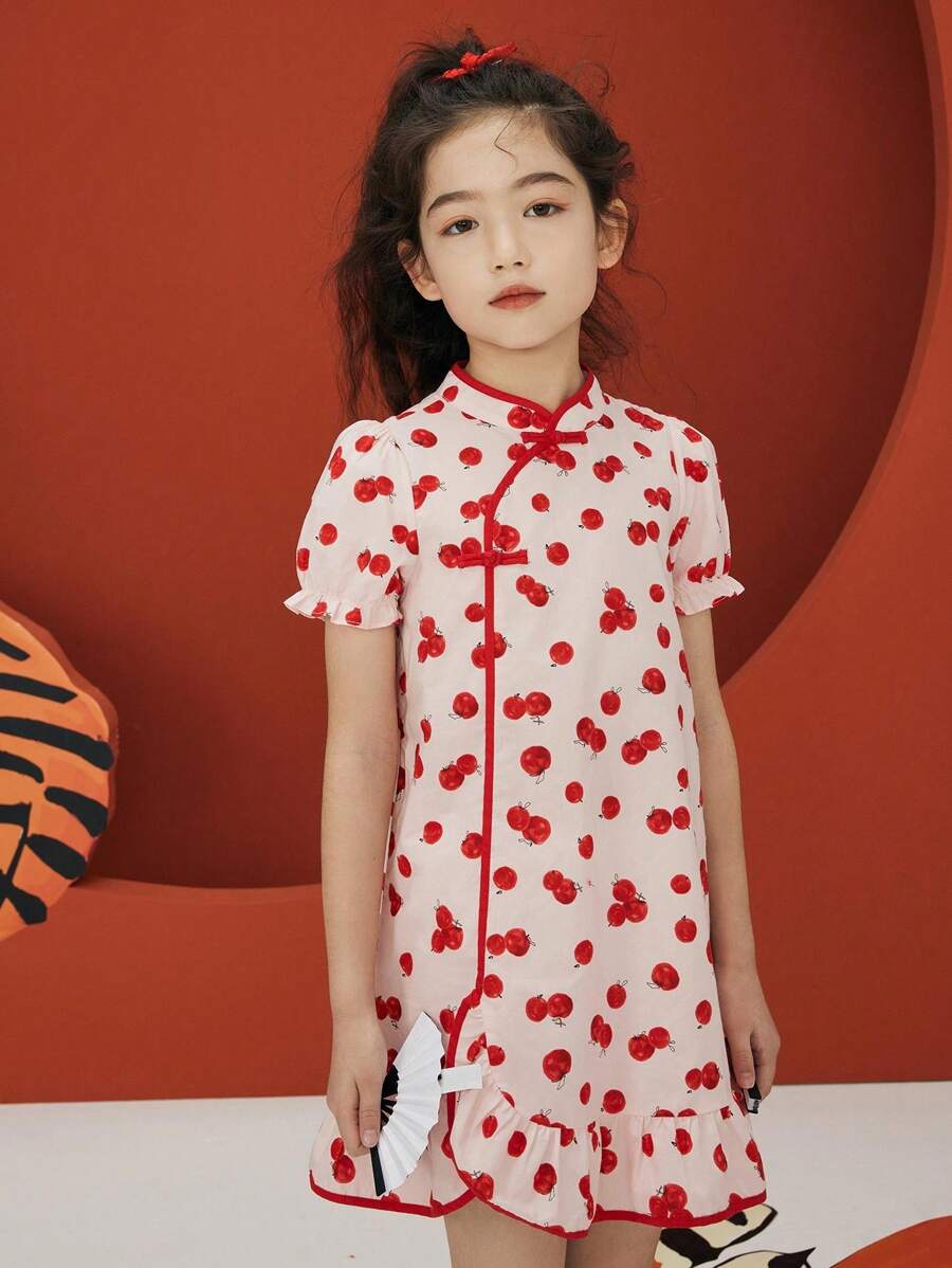 mini bala 年轻女孩连衣裙夏季中国风汉服高端公主连衣裙周岁礼物连衣裙 - 紅色 - 查看 1