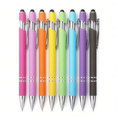 8pcs, 2-In-1 Retractable Ballpoint Pen & Stylus Combo - Metal Stylus For Touch Screen & 1.0mm Random Color Back To School