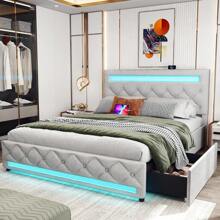 Full/Queen Size Bed Frame With Led Light Headboard, Upholstered Platform Bed With 4 Drawers, Adjustable Led Lights And Storage Headboard, Upholstered Platform Bed With 2 Usb Ports, No Box Spring Needed - 新 - 淺灰色 - 查看 1