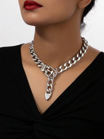 1pc Silver-Tone Cool Style Necklace, European And American Punk Chain & Belt Collarbone Chain For Women Daily Wear