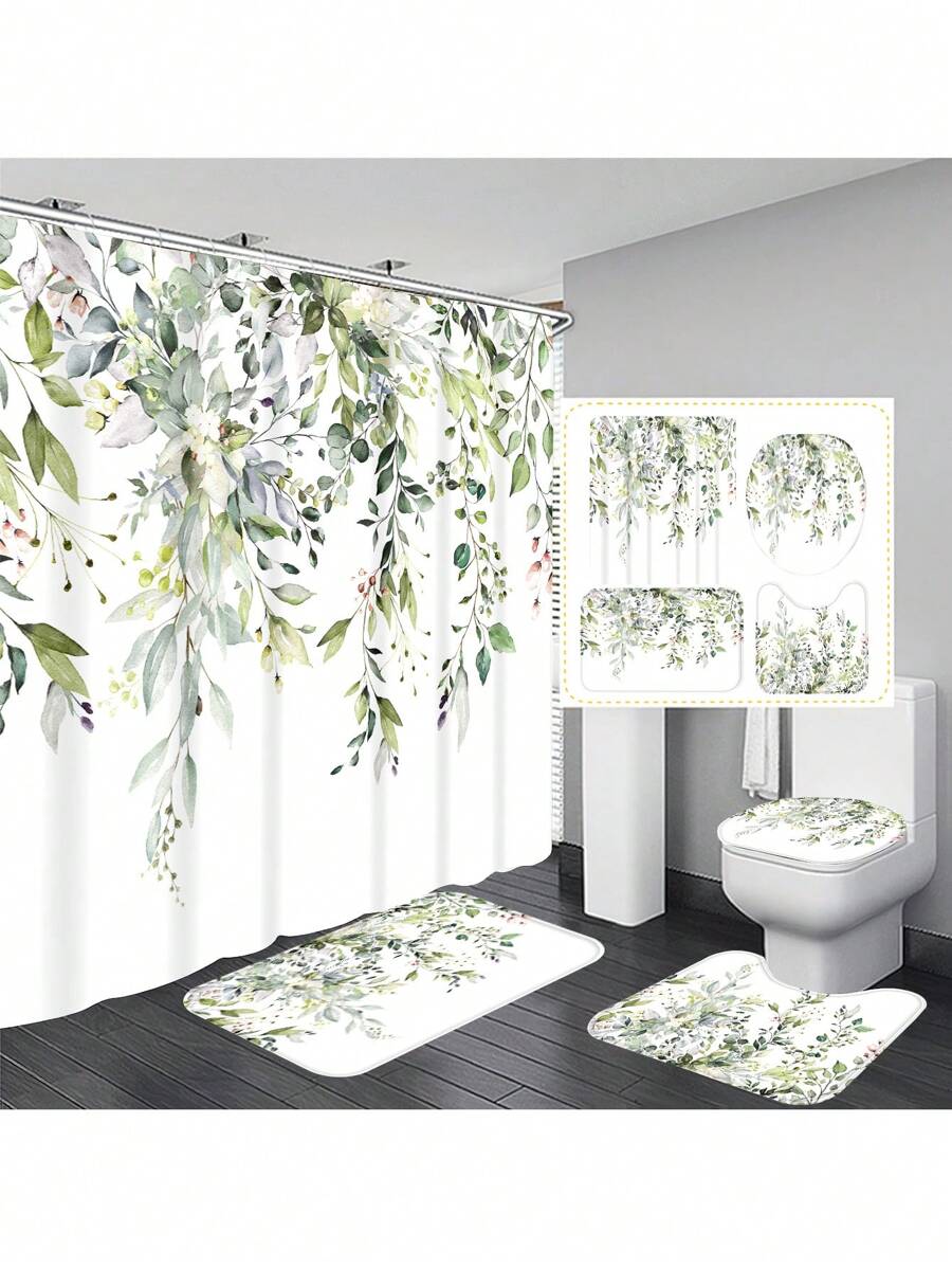 1pc/4pcs Watercolor Eucalyptus Multi-Functional Decorative Bathroom Waterproof Shower Curtain With 12 Hooks, Anti-Slip Bathroom Mat Set Including U-Shaped Rug And Round Toilet Lid Cover, Ideal For All Spaces Home Bathroom Decor Fall Decor Bathroom Accessories Back To School - Green - View 1