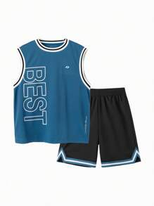 Balabala Conjunto de dos piezas de verano para niños, camiseta de manga corta mediana y grande de baloncesto deportivo para el verano 2024