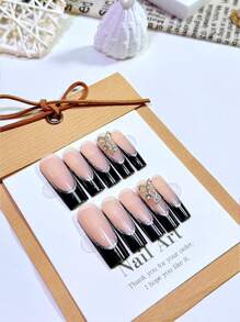 Yeah Bomb 24 piezas de uñas postizas negras largas con estilo de manicura francesa con borde plateado, con detalles de pedrería, adecuadas para usar en el día a día, fiestas de cumpleaños y la llegada de la primavera. Reutilizables. Incluye pegamento de gelatina y una lima de uñas. Suministros para uñas. - Negro - Ver 2