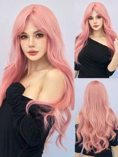 26 英寸粉色长卷发合成假发，带刘海，自然造型，适合女性日常上学和母亲节使用、节日护理、自然性感简约休闲运动学院风角色扮演耐热假发或节日派对日常佩戴、派对、音乐节使用（注意佩戴和护理方式）