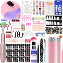 Kit de uñas de acrílico en polvo con lámpara UV/LED, pulidor de uñas, herramienta de lámpara de horneado, decoración de arte de uñas, pegatinas de uñas, papel galaxia, cortauñas y conjunto de molde francés.