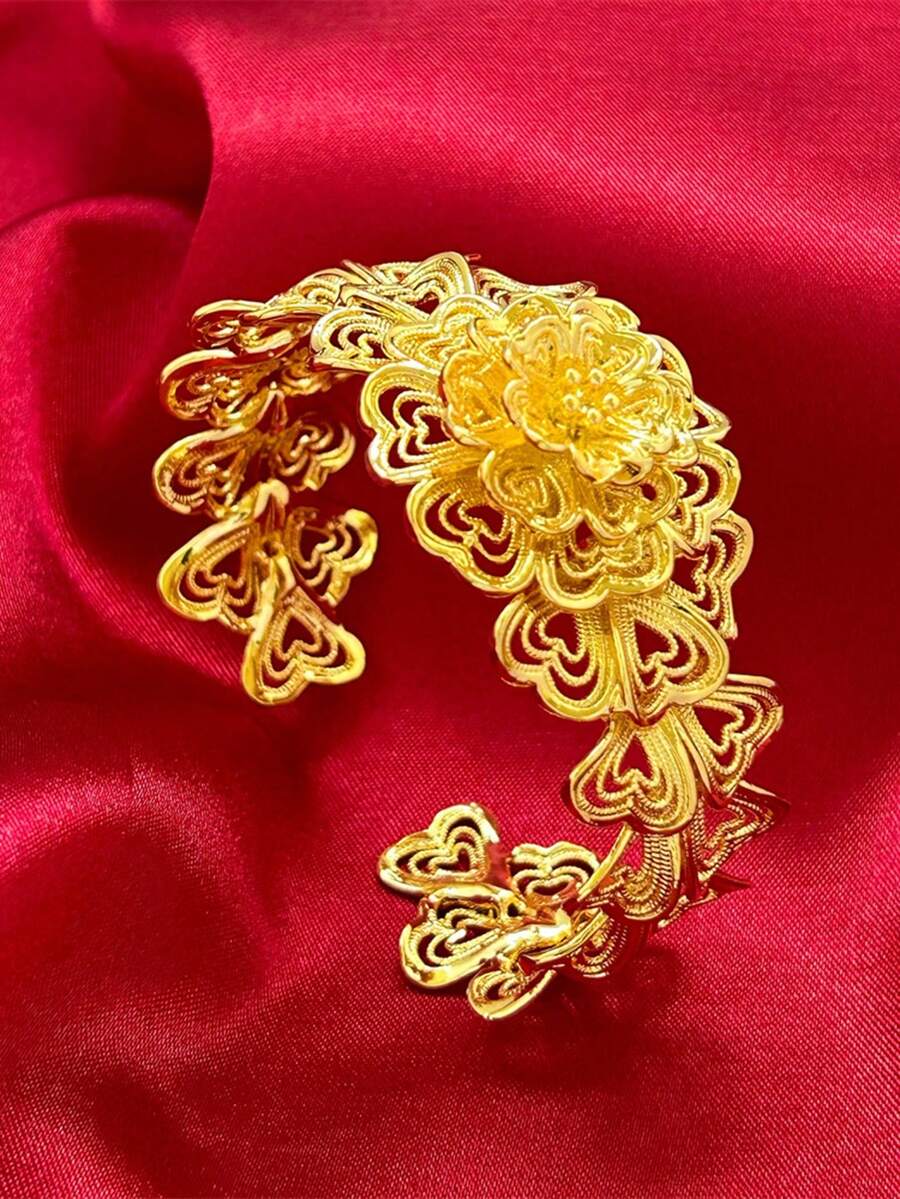 1入迷人的玫瑰金鍍24K花卉細工手鐲，給女性的日常飾品和母親節和特殊場合的禮物 - 金黃色 - 查看 1