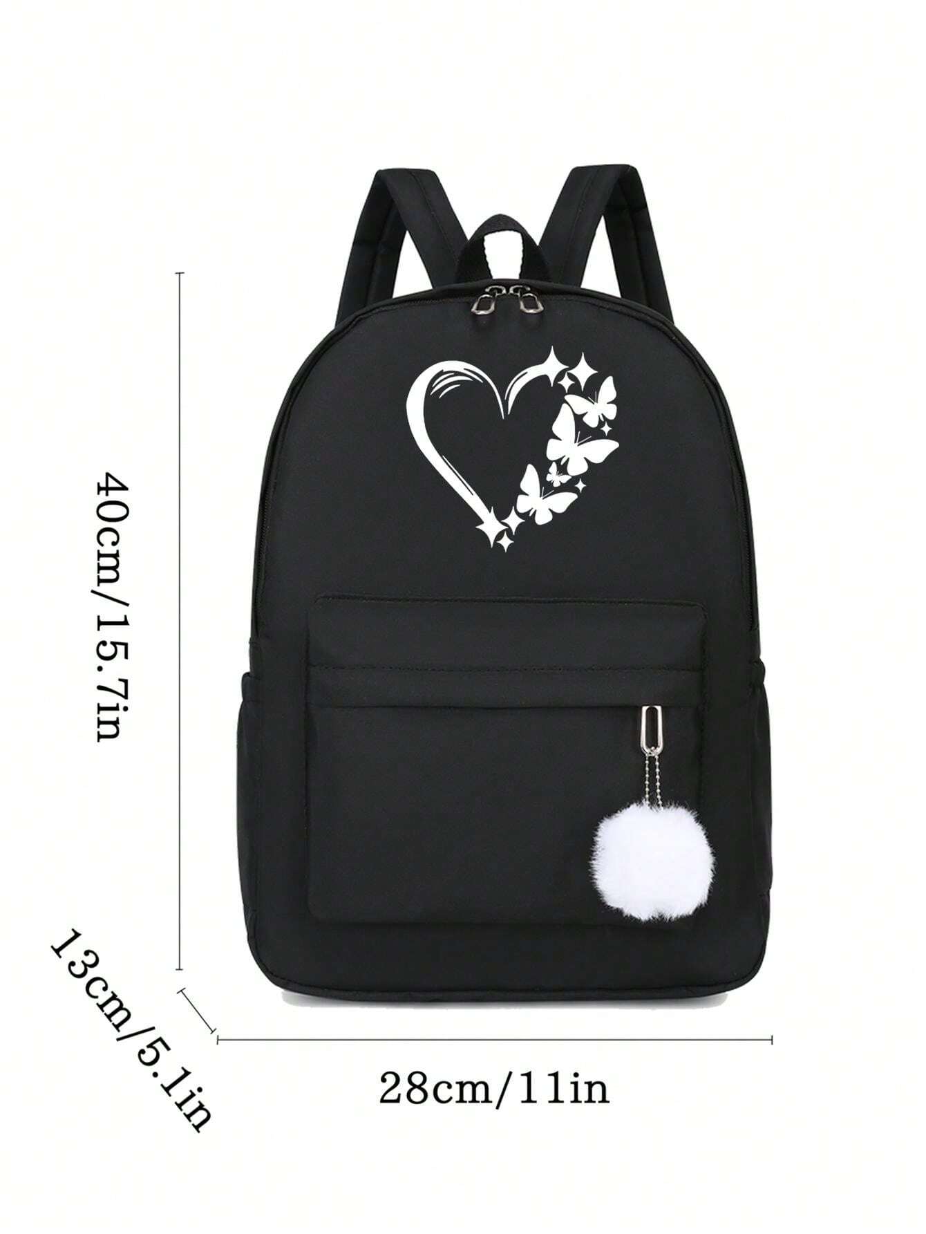 1pc Black Fashionable And Simple Heart And Butterfly Printed Casual