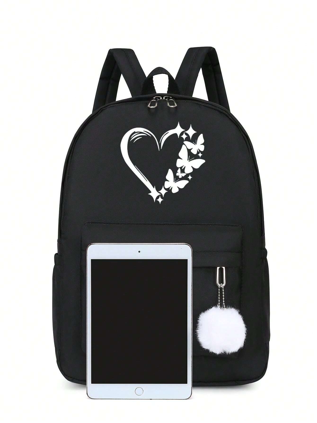 1pc Black Fashionable And Simple Heart And Butterfly Printed Casual