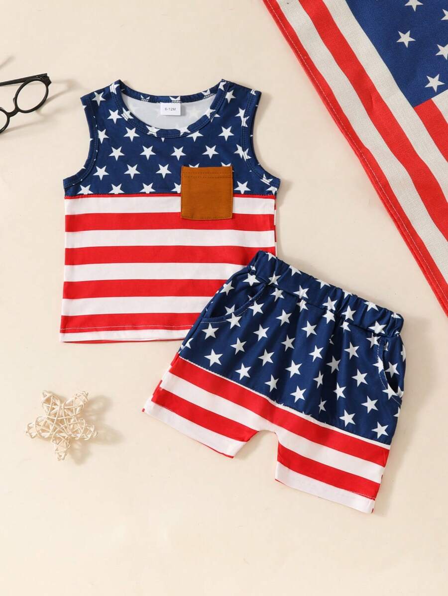 Conjunto de ropa infantil para niño lindo para cuarto de julio, incluye camiseta sin mangas con estampado estadounidense y shorts. Conjunto de ropa para el Día de la Independencia