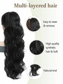 马尾接发，合成 26 英寸长波浪夹式马尾接发，适合女性日常使用 - 黑棕色 - 查看 4