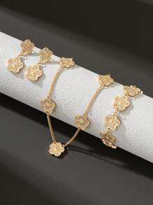 1set Sweet Clover Bracelet, Necklace And Earrings Set For Women With Rhinestone Inlays Valentines - Yellow Gold - View 1