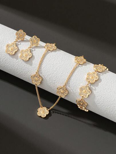 Juego de pulsera, collar y aretes con trébol dulce y incrustaciones de rhinestones para mujeres, regalo de San Valentín