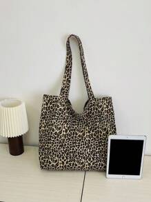 1 pezzo Borsa a spalla con stampa leopardata, borsa alla moda di grande capacità in materiale tela, borsa da spiaggia, personalizzabile, borsa con stampa leopardata alla moda