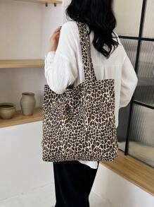 1 pezzo Borsa a spalla con stampa leopardata, borsa alla moda di grande capacità in materiale tela, borsa da spiaggia, personalizzabile, borsa con stampa leopardata alla moda