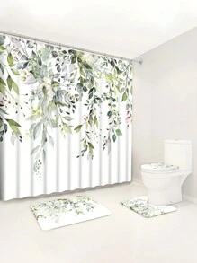 1pc/4pcs Watercolor Eucalyptus Multi-Functional Decorative Bathroom Waterproof Shower Curtain With 12 Hooks, Anti-Slip Bathroom Mat Set Including U-Shaped Rug And Round Toilet Lid Cover, Ideal For All Spaces Home Bathroom Decor Fall Decor Bathroom Accessories Back To School - Green - View 7