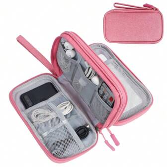 1pc Pink Double Layer Cable Organizer Bag, Travel Storage Bag, Electronics Accessories Portable Waterproof Storage Bag