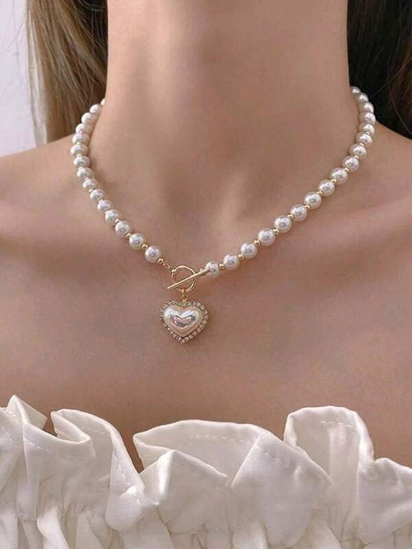 1 pièce Collier à pendentif en forme de cœur avec décoration de perle de fantaisie et boucle OT. Saint Valentin