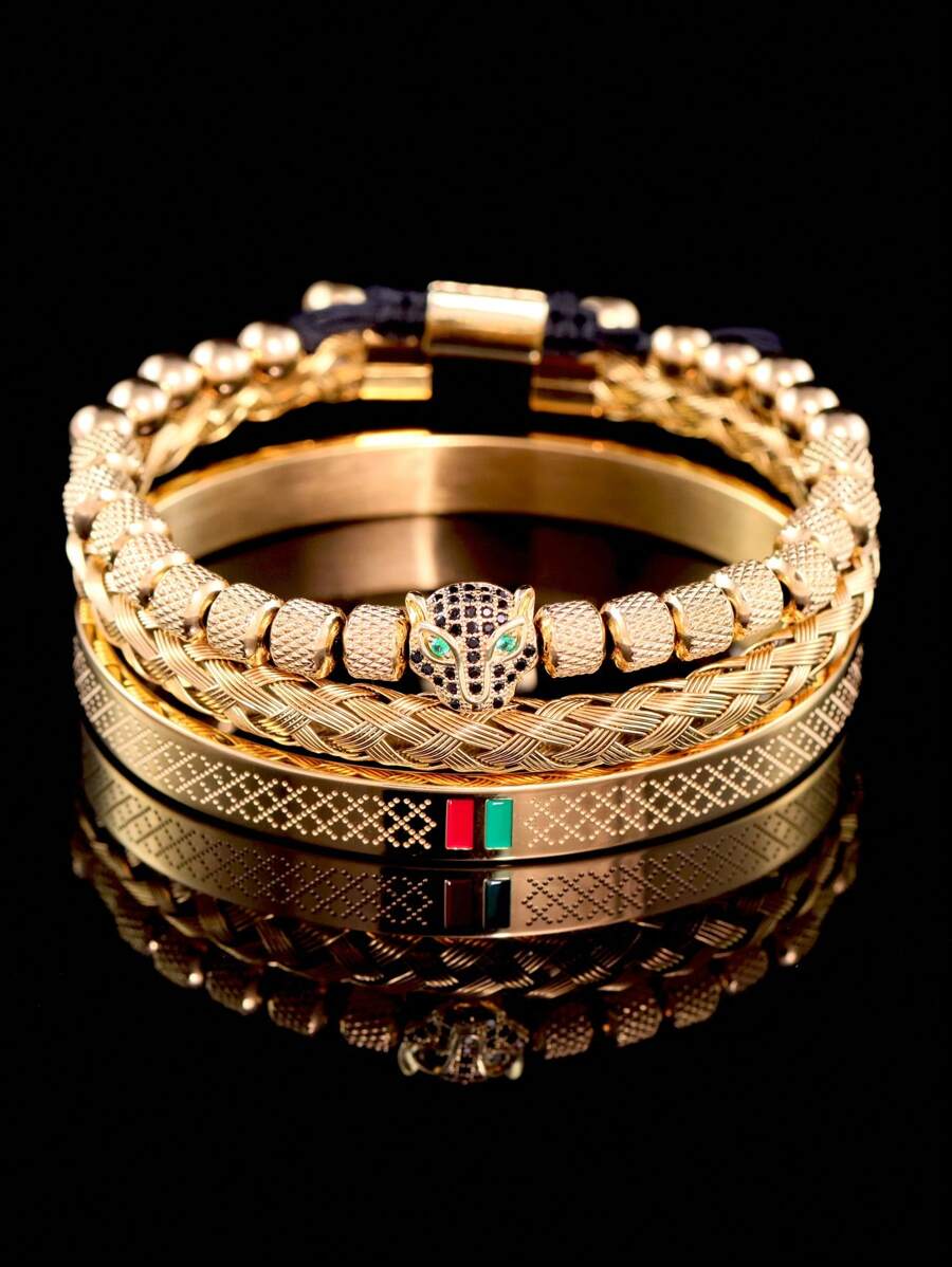 3pcs/Set Luxury Handmade Braiding Bracelet Men Pave CZ Leopard Head Enamel Green Red Bracelet Stainless Steel Jewelry - Leopard Head Bracelet Set - View 1