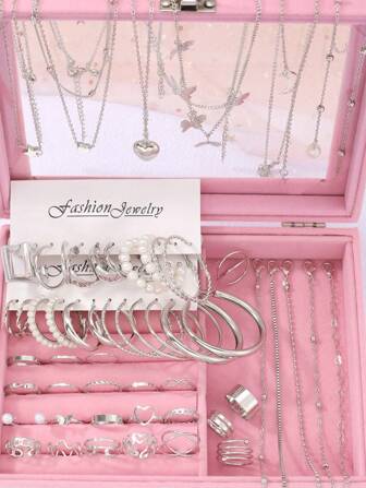 57 件时尚优雅多尺寸珠宝套装，带耳环、项链、手链和戒指，适合女士，银色，非常适合母亲节、情人节等场合的礼物（无盒子）、妈妈、母亲、母亲节、礼物