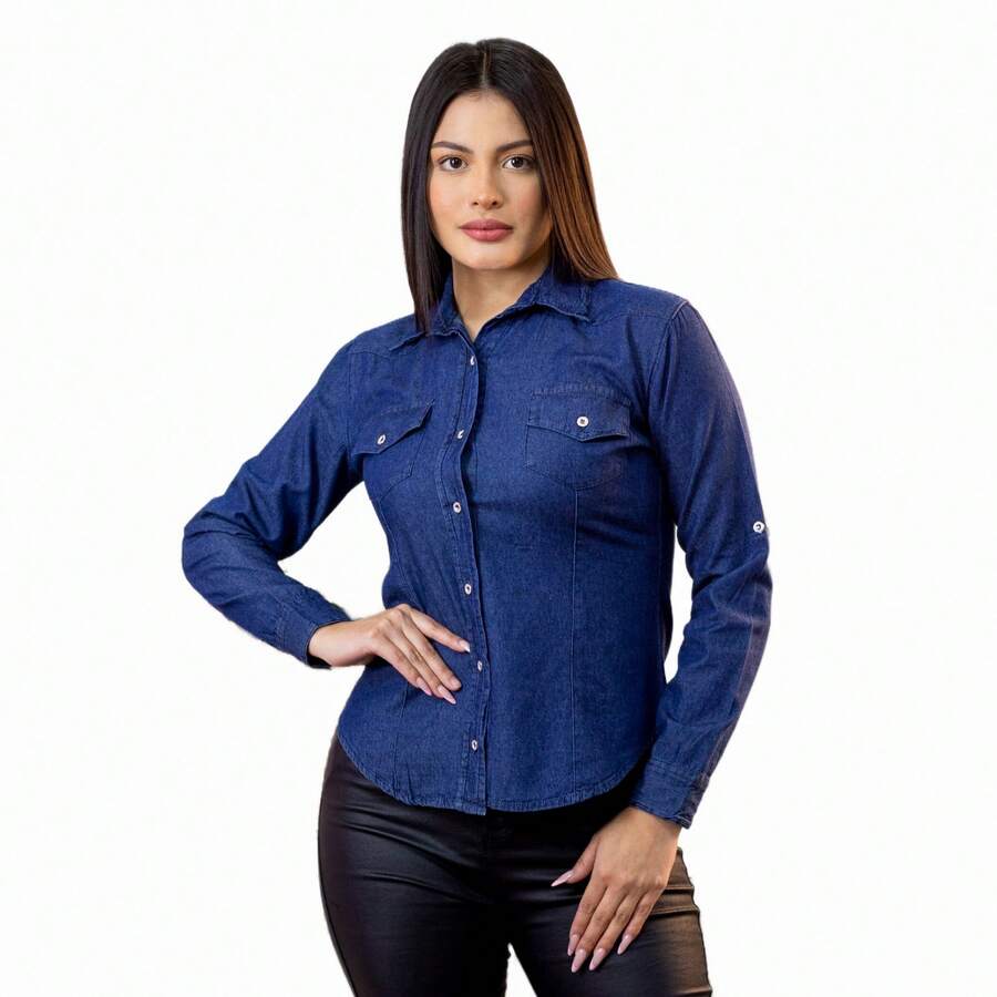 Camisa de Mezclilla Rígida y Ligera Manga Larga para Mujer - Azul lavado oscuro - Ver 1