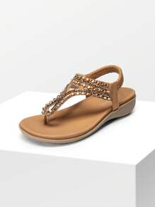 Women's Comfortable Dressy Flat Sandals Rhinestone Elastic T-Strap Thong Sandals For Summer Beach - 棕色 - 查看 1