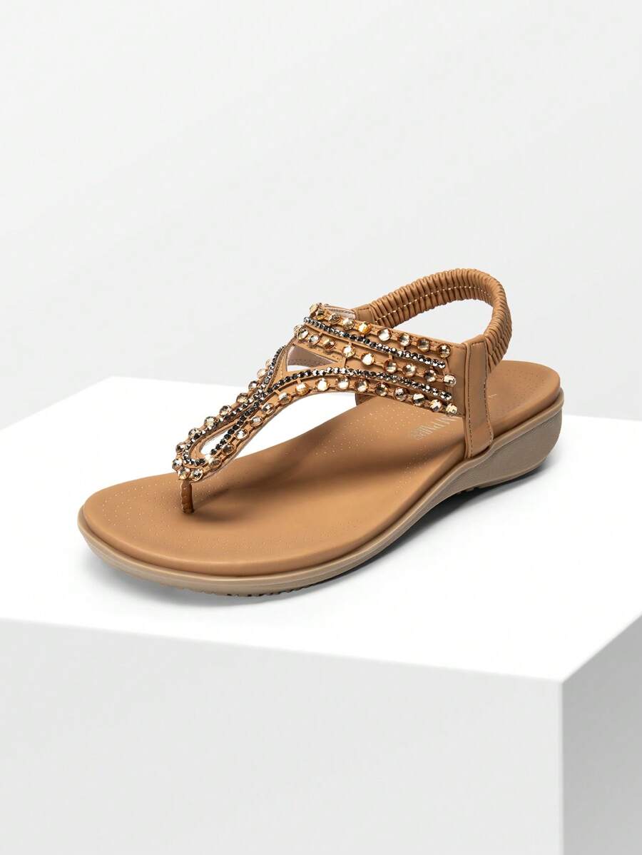 Women's Comfortable Dressy Flat Sandals Rhinestone Elastic T-Strap Thong Sandals For Summer Beach - 棕色 - 查看 1