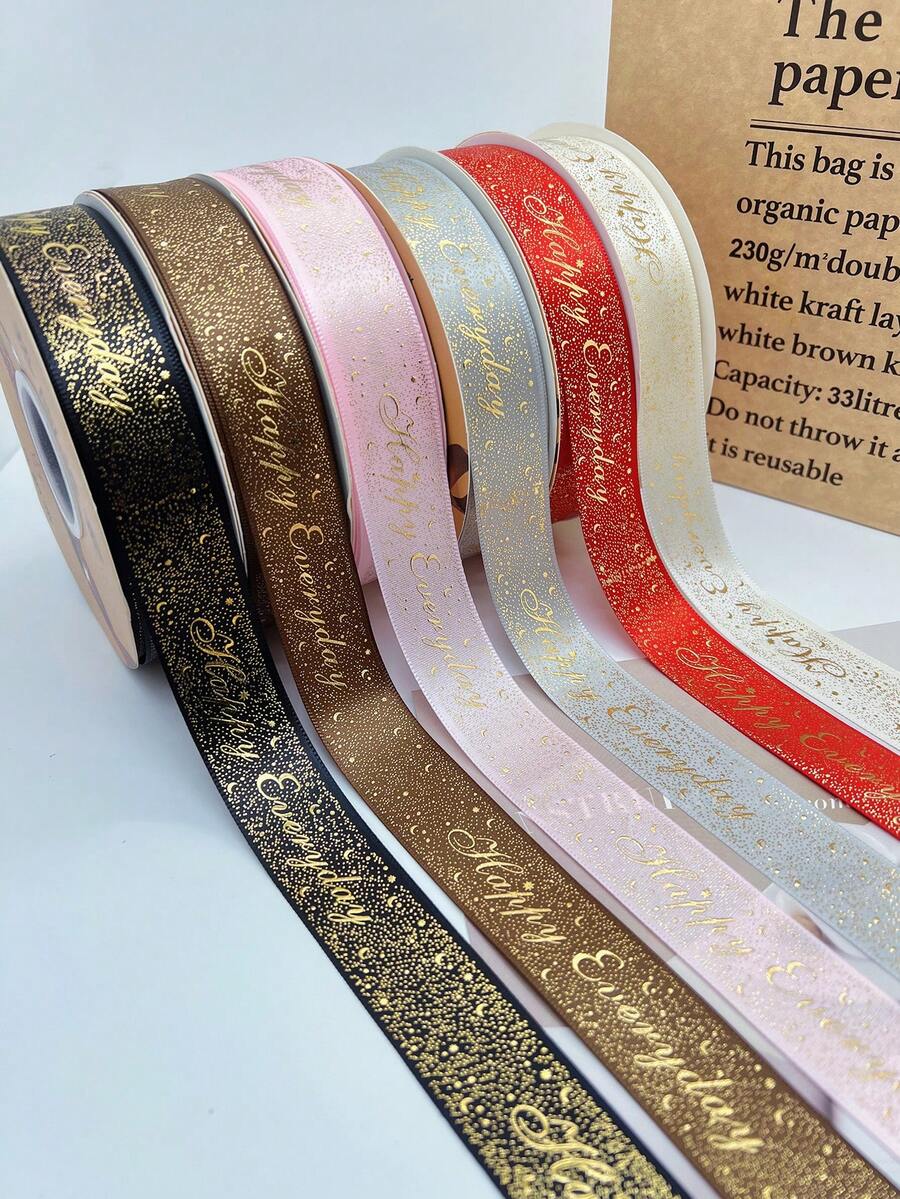 1 Cuộn/50 Yard/Chiều Rộng 2.5 Cm Hạnh Phúc Hàng Ngày Dập Nóng Ruy Băng Polyester Cho Thủ Công DIY, Gói Quà - Nhiều màu - Xem 1