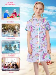 1 Peça Vestido Cobertura de Banho Capuz para Meninas em Estampa de Conchas Marítimas, Roupão de Banho Suíte de Piscina Toalha com Zíper em Tecido Atoalhado Para Praia, Casamento, Casa, Banheiro, Volta às Aulas
