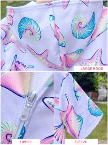 1 Peça Vestido Cobertura de Banho Capuz para Meninas em Estampa de Conchas Marítimas, Roupão de Banho Suíte de Piscina Toalha com Zíper em Tecido Atoalhado Para Praia, Casamento, Casa, Banheiro, Volta às Aulas