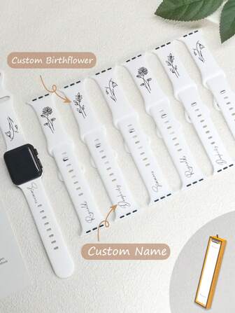Personalized Birthday Flower Customized Name Silicone Strap Suitable Series 9 8 7 6 5 4 3 2 1 SE Ultra, Suitable Series 38/40/41mm 42/44/45/49mm, Family Gift, Given To Mom On Mother's Day Exquisite Gift,Beautiful Memory Gifts For Dad On Father's Day