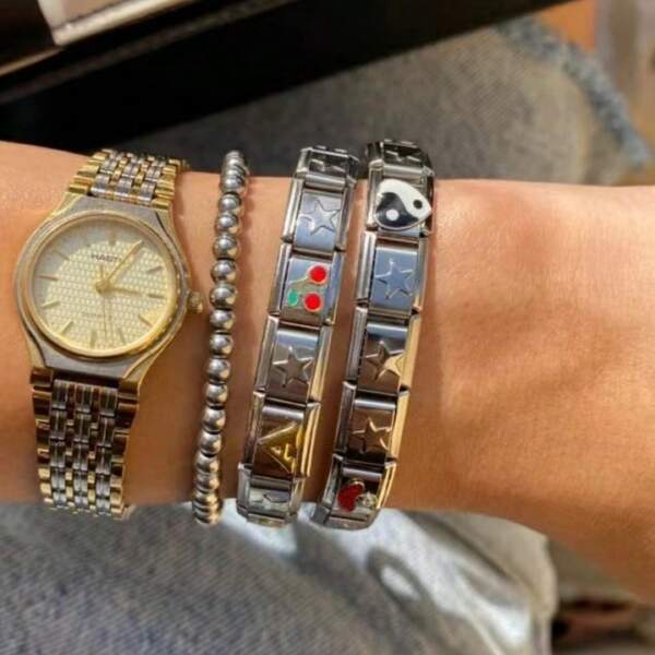 1 pièce Bracelet à breloques en style italien avec fleur, pierre gemme ovale et bracelet européen DIY en acier inoxydable pour femmes, Bracelet de nouvelle combinaison vintage
