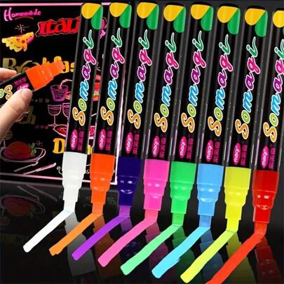 8 Color LED Highlighter Pen Set Chalkboard Graffiti & Liquid Chalk Art - Special Flat Head Design For Precise And Vibrant Colors Erasable Luminous Pen For Outdoor Billboards And LED Light Boards School Supplies,Back To School