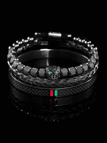 3pcs/Set Luxury Handmade Braiding Bracelet Men Pave CZ Leopard Head Enamel Green Red Bracelet Stainless Steel Jewelry - Leopard Head Bracelet Set - View 2