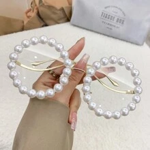 1 pièce Lunettes de mode femme avec monture métallique ronde, perles et branches ondulées. Lunettes de mode personnalisées, convenant pour les vacances et la photographie - Multicolore - Voir 6