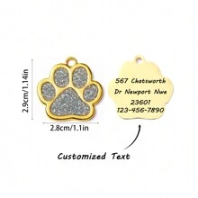 1 Pieza Etiqueta de identificación personalizada con forma de huella de perro en color plata o dorado, con el nombre de la mascota, información de contacto, dirección y talla grande, grabado para evitar pérdidas, adecuado para perros pequeños y gatos