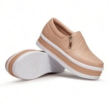 Tênis Slip On Sapatenis Feminino Zìper Sola Plataforma Flat Leve Moda Casual Mulher Fashion Dia Dia - Rosê - Visão 3