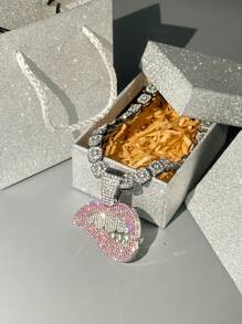 1pc Fashionable Creative Zinc Alloy Rhinestone Pendant Necklace With Greeting Card Jewelry Box For Mother's Day, Women