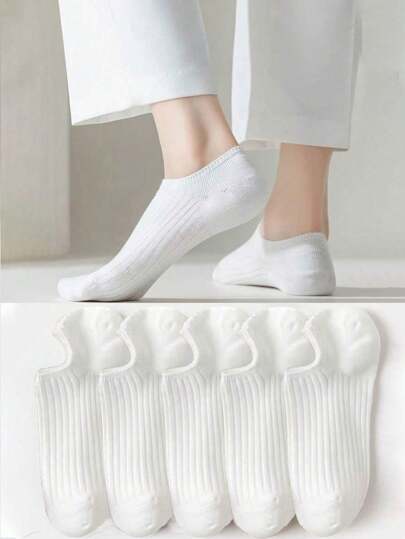 5 Pairs Girls Breathable Anti-Odor Sweat-Absorbing Plain Low-Cut Socks, No Show Socks, For Summer, White