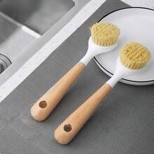 2pcs/Pack Wooden Handle Pot Brush Multi-Functional Long Handle Kitchen Cleaning Brush, For Pot And Dish Washing,Kitchen,Kitchen Items,Cleaning - White - View 2