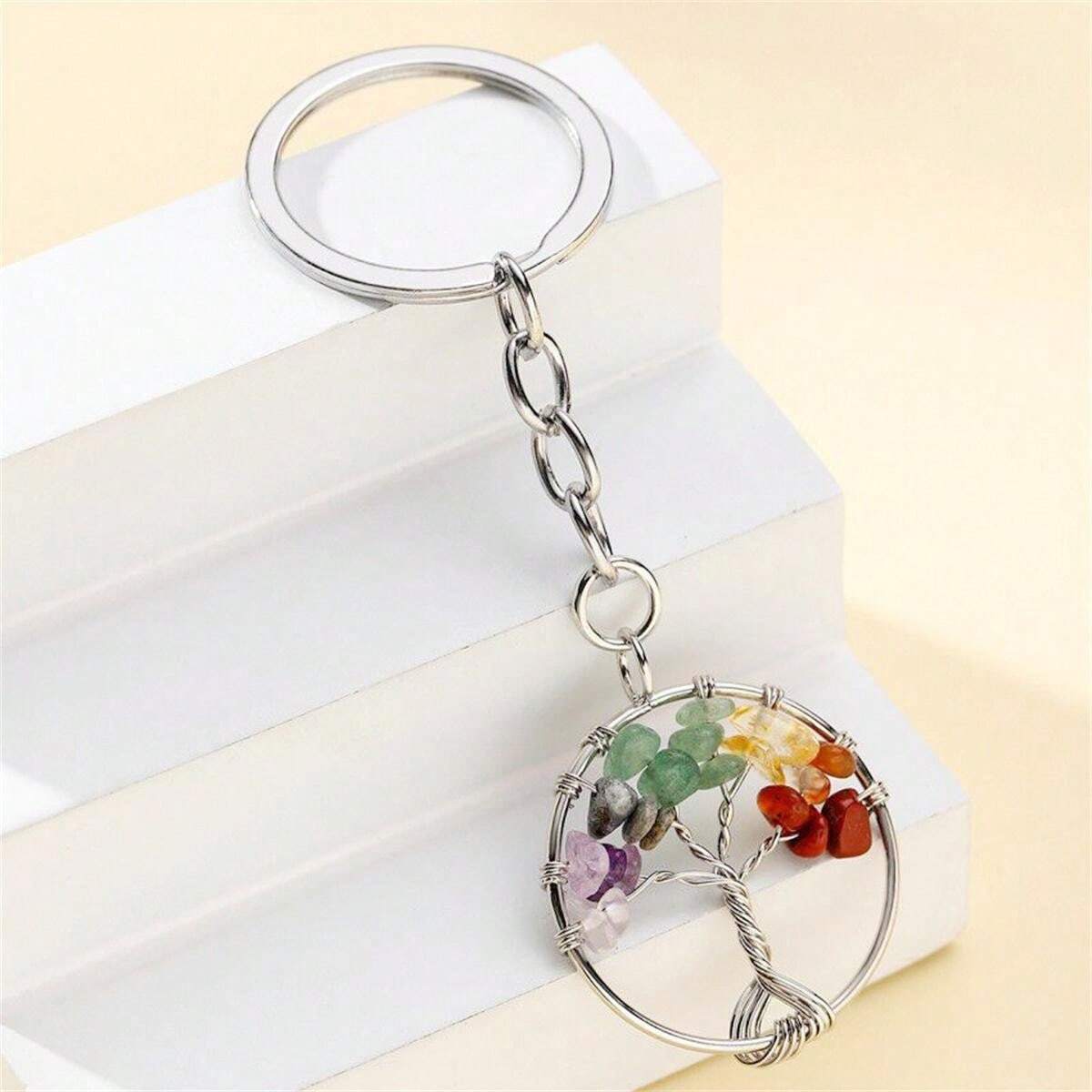 1pc Natural Stone Keychain With Life Tree Decor - Creative Alloy Key ...