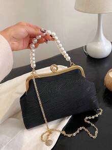 Black Gradient Moire Print Fabric Handbag Faux Pearl Hand Shoulder Bag With Chain Women Evening Bags Clutches Bag Perfect For Party, Wedding, Prom, Dinner/Banquet, Matching With Wedding Dress,Formal Dresses, Prom Dress, Birthday Dress - Black - View 4