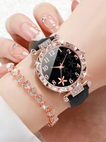 2pcs/Set Women's Fashion Minimalist Rhinestone Studded Numeric Floral Dial Quartz Wrist Watch + Fully Rhinestone Heart Bracelet - Black - View 2