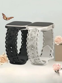 2条装纤薄蕾丝花卉雕刻硅胶表带，适用于 40mm/38mm/41mm/44mm/45mm/46mm/49mm/42mm表带，女士镂空压花柔软硅胶运动表带，兼容 SE Series 11/10/9/8/7/6/5/4/3/2/1 - 黑色和星光白 - 查看 12