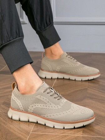 Plus Size Summer Khaki Men's Shoes, British Style Breathable Lightweight Comfortable Casual Sports Shoes, Mesh Block