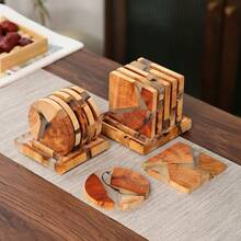 Set Of 7pcs Square Wooden Coasters Set For Drinks - Natural Wood Drink Coaster Set With Holder For Modern Home Decor, Epoxy Coasters,Modern Coasters With Holder, Cedar Wood Coaster