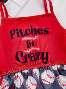 Young Girl Stretchy Splicing Letter Print Baseball Graphic Cami Jumpsuit Romper Summer Sports Gift Party