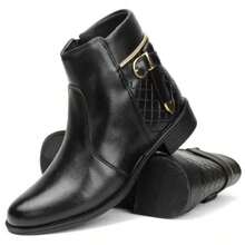 Bota Feminina Coturno Cano Curto Fivela Exclusiva, Bota com aplique bota salto baixo - Preto - Visão 4