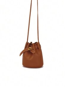 Solid Color Minimalist Girls Litchi Pattern Bucket Crossbody Bag