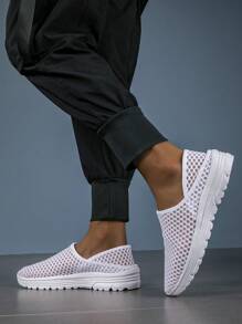Summer Casual Mesh Slip-On Athletic Shoes, Breathable Lightweight Running Shoes With Hollow-Out Design