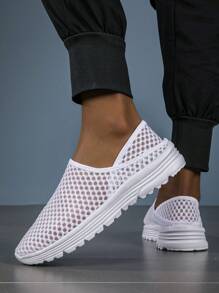 Summer Casual Mesh Slip-On Athletic Shoes, Breathable Lightweight Running Shoes With Hollow-Out Design